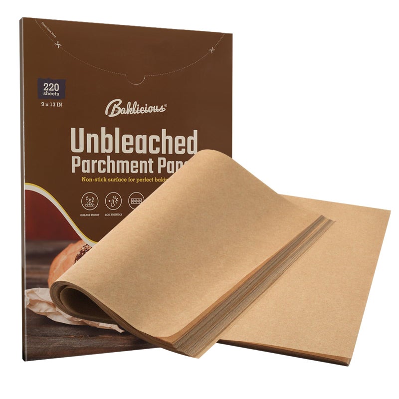 BAKLICIOUS 220 Pcs 9x13 inch Unbleached Parchment Paper Baking Sheets, Baklicious Pre-cut Heavy Duty Parchment Baking Paper for Air Fryer, Oven, Bakeware, Steaming, Cooking Bread, CupCake, Cookies - Image 1